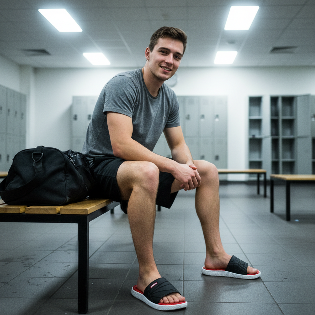 Guy grinning gym black red slippers