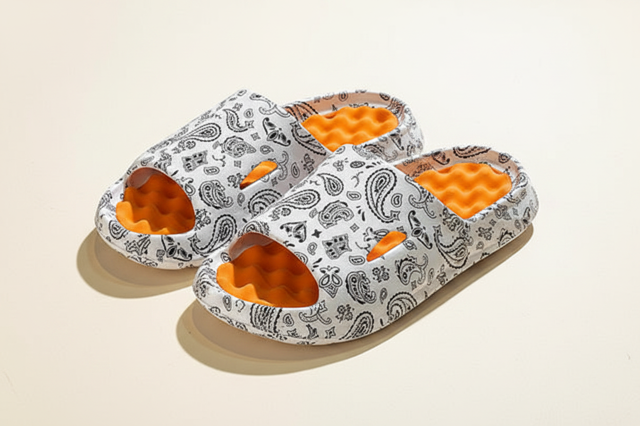 White paisley + orange footbed