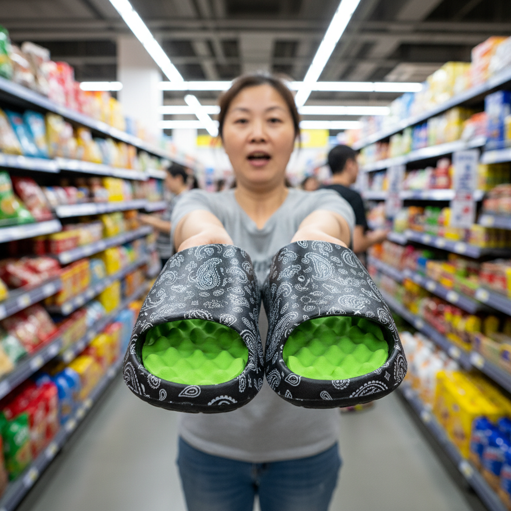 Woman holding bandana slippers